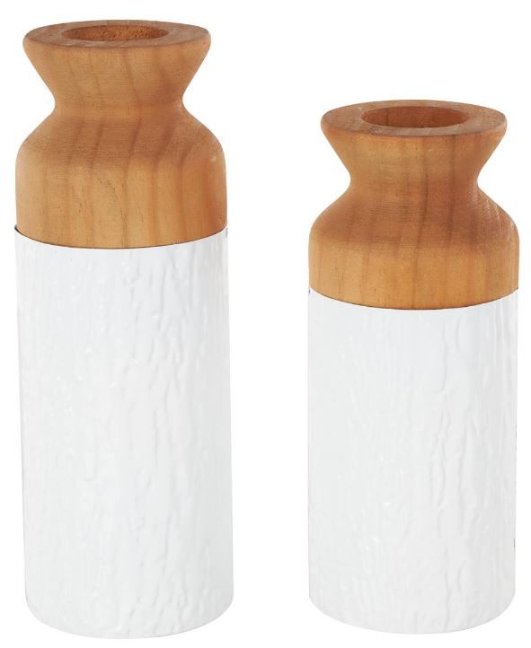 Deco Marche 2-Piece White Abstract Decorative Vase with Brown Wood Tops Set-1