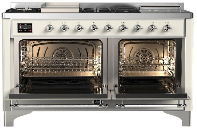 Ilve® Majestic III 60" Antique White Pro Style Dual Fuel Liquid Propane Range with Griddle and Chrome Trim-1
