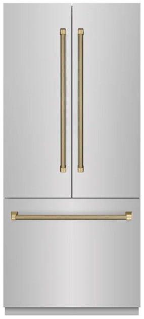 ZLINE Autograph Edition 36 " 19.6 Cu. Ft. Stainless Steel with Graphite Gray Interior and Champagne Bronze Helix Handles French Door Built-In Bottom Freezer Refrigerator with Water Dispenser and Ice Maker -0