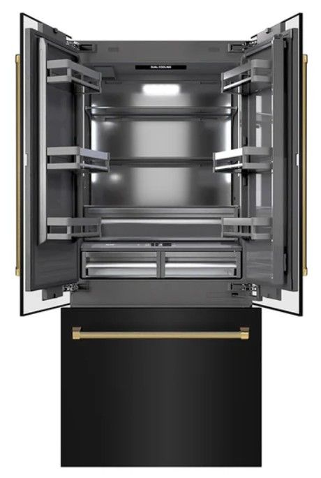 ZLINE Autograph Edition 36"  19.6 Cu. Ft. Black Stainless Steel French Door Built-In Bottom Freezer Refrigerator with Water Dispenser and Ice Maker in Graphite Gray Interior and Polished Gold Helix Handles-3