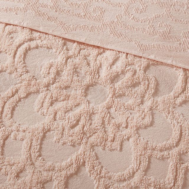 Olliix by Madison Park Blush Full/Queen Laetitia Tufted Cotton Chenille Medallion Fringe Coverlet Set-4
