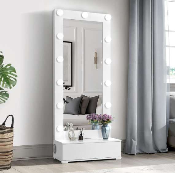 Global Furniture USA Ella White Narrow Tall Mirror with Drawer and Speaker-1