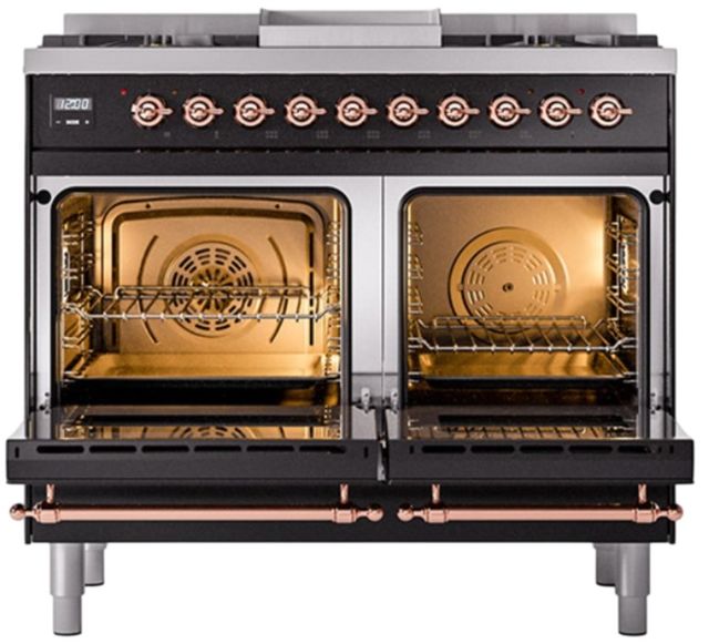 Ilve® Nostalgie II Noblesse 40'' Glossy Black Pro Style Dual Fuel Range with Copper Trim-1
