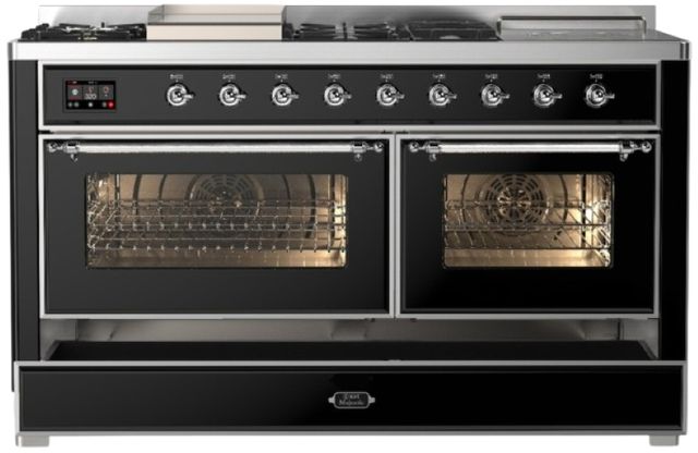 Ilve® Majestic III 60" Glossy Black Pro Style Dual Fuel Natural Gas Range with French Top and Chrome Trim-2