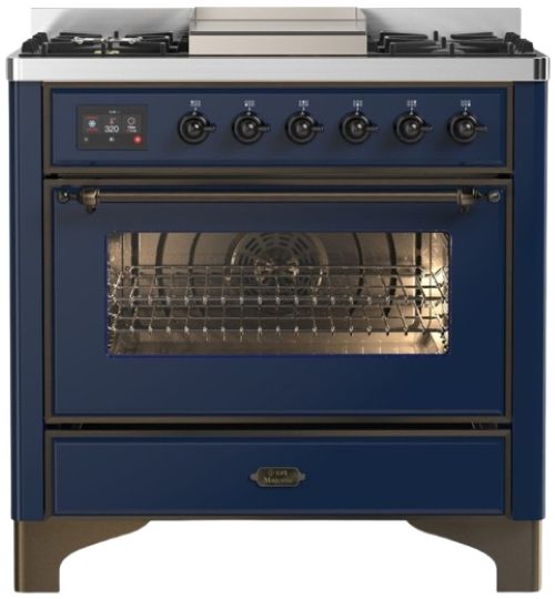Ilve® Majestic III 36" Midnight Blue Pro Style Dual Fuel Natural Gas Range with 6 Black Brass Burners and Burnished Trim-0
