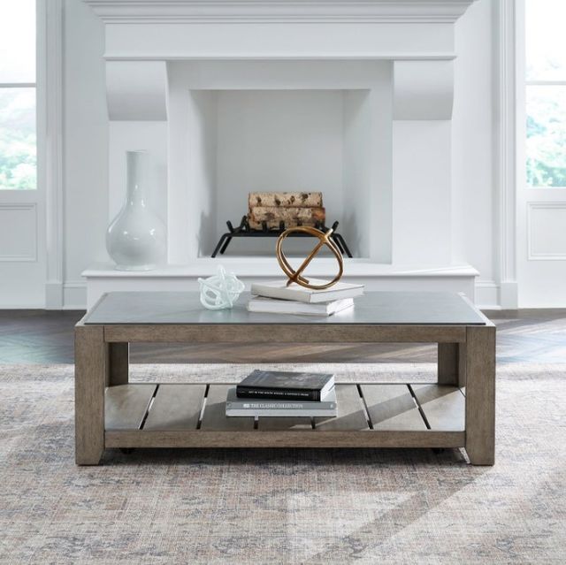 Liberty Furniture Millstone Gray Cocktail Table with Nutmeg Base-1