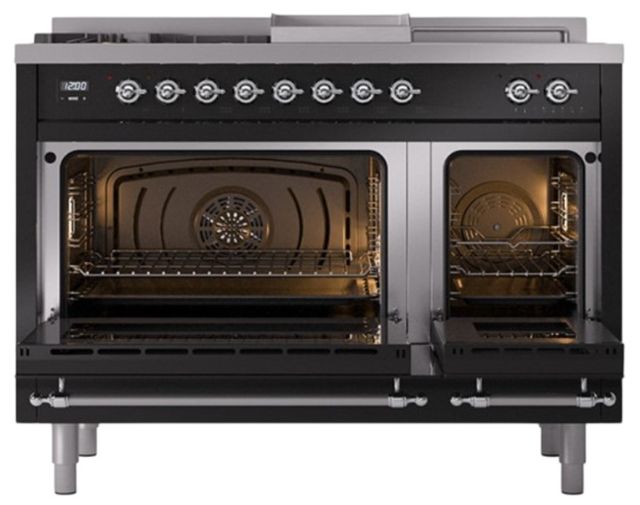 Ilve® Nostalgie II Noblesse 48'' Glossy Black Pro Style Dual Fuel Range with Chrome Trim-1