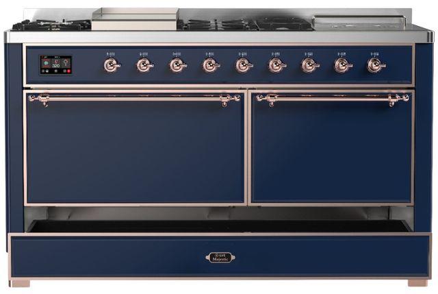 Ilve® Majestic III 60" Midnight Blue Pro Style Dual Fuel Liquid Propane Range with Solid Door and Copper Trim-2