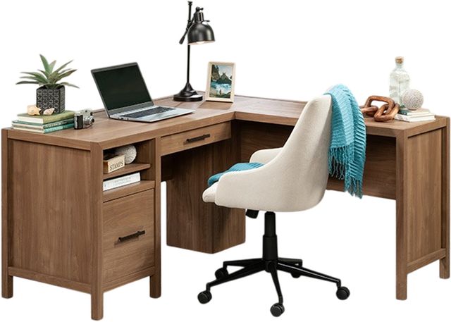 Sauder® Pacific View® Saddle Walnut™ L-Shaped Desk with Storage-0