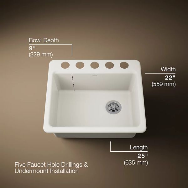 KOHLER® Riverby® Biscuit 25" Undermount Single-Bowl Kitchen Sink with Sink Rack-2