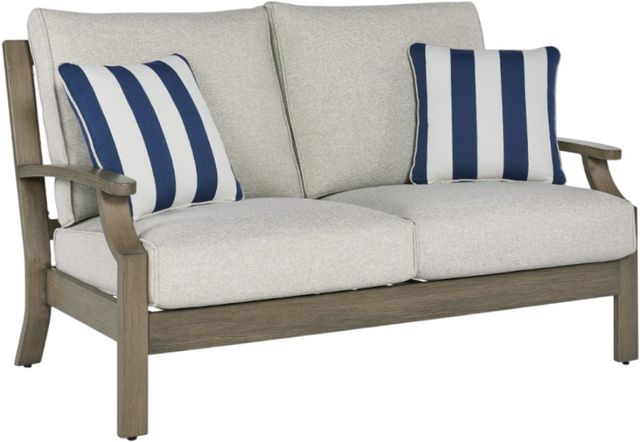 Clearance Signature Design by Ashley® Rainier Ranch Beige/Brown Aluminum/Fabric Outdoor Loveseat-1