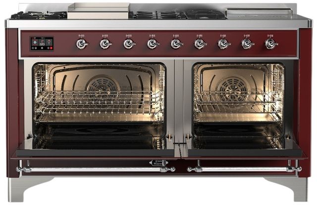 Ilve® Majestic III 60" Burgundy Pro Style Dual Fuel Natural Gas Range with Griddle and Chrome Trim-1