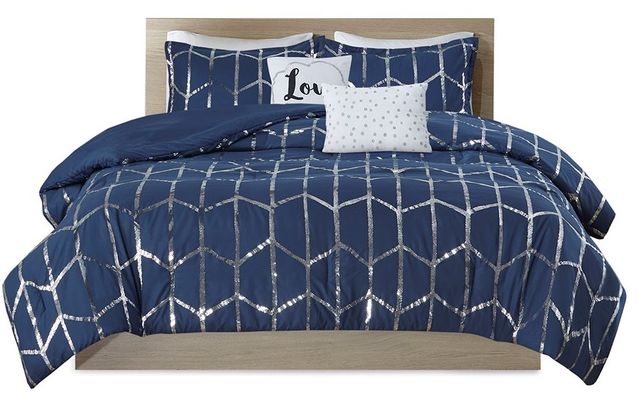 Olliix by Intelligent Design Raina Navy and Silver King/California King Metallic Printed Comforter Set-0
