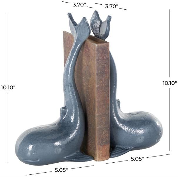 Deco Marche 2-Piece Blue Dolphin Bookends with Raised Tails Set-3