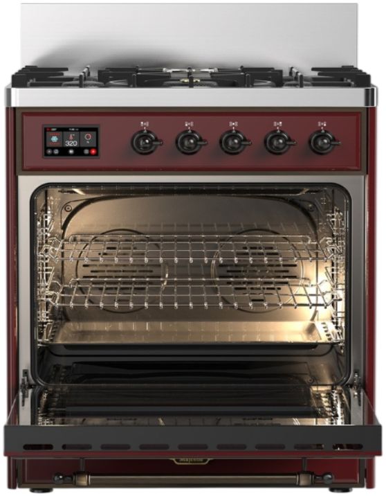 Ilve® Majestic III 30" Burgundy Pro Style Dual Fuel Liquid Propane Range with Triple Glass Door and Burnished Trim-2