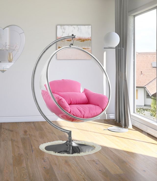 Meridian Furniture Luna Pink/Chrome Durable Fabric Acrylic Swing Chair-3