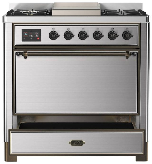 Ilve® Majestic III 36" Stainless Steel Pro Style Dual Fuel Liquid Propane Range with Solid Door and Burnished Trim-3