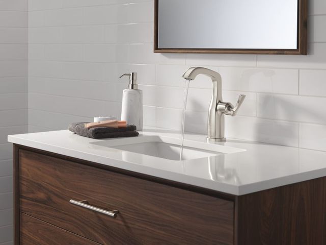 Delta Stryke® Lumicoat® Stainless Bronze Single Lever Handle Mid-Height Bathroom Faucet-1