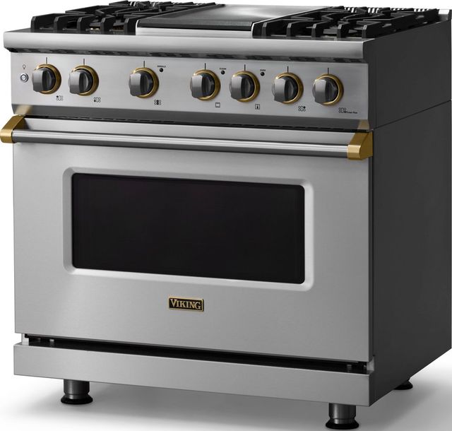 Viking® 5 Series 36" Stainless Steel Pro Style Dual Fuel (LP) Range with Brushed Brass Trim-3