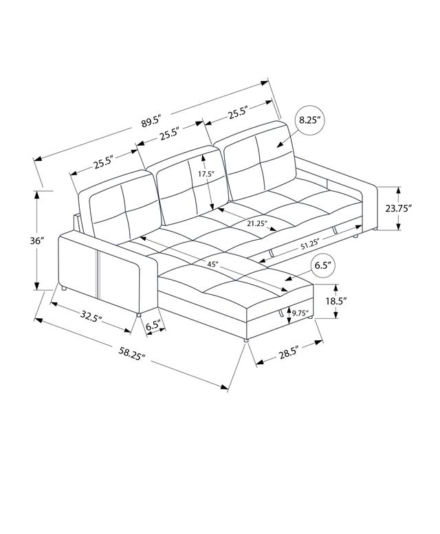 Monarch Specialties Inc. Lumos-08 Light Grey Sleeper Sofa Storage Lounger and Reversible Chaise-2