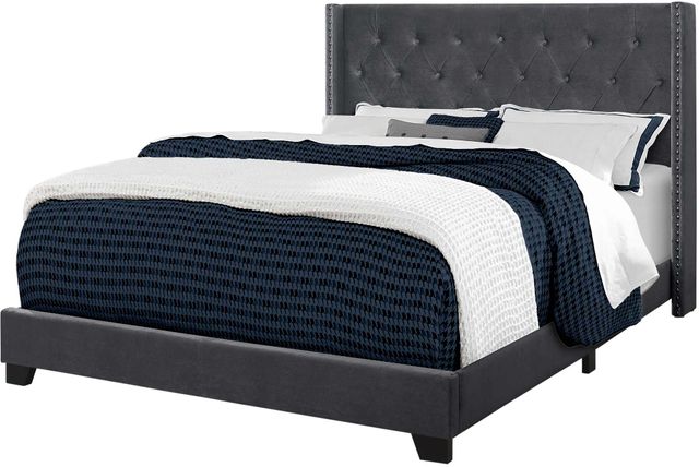 Monarch Specialties Inc. Dark Grey Velvet with Chrome Trim Queen Bed-0