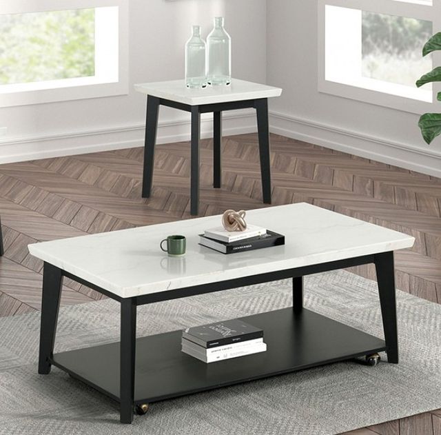 Furniture of America® Thisted White Rectangle Marble Coffee Table with Black Base and Casters-0