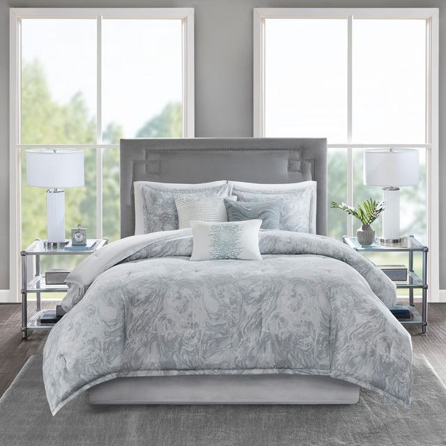 Olliix by Madison Park 7 Piece Grey Queen Emory Cotton Sateen Comforter Set-0