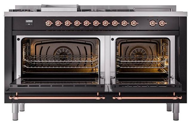 Ilve® Nostalgie II Noblesse 60'' Glossy Black Pro Style Dual Fuel Range with Copper Trim-1