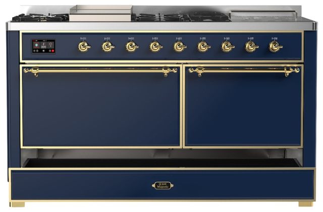 Ilve® Majestic III 60" Midnight Blue Pro Style Dual Fuel Liquid Propane Range with Solid Door and Brass Trim-2