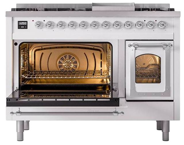 Ilve® Nostalgie II Noblesse 48'' White Pro Style Dual Fuel Range with Chrome Trim-3