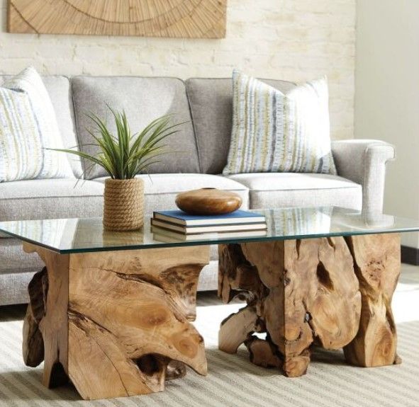 Hammary® Hidden Treasures Glass Top Square Root Table with Natural Base-1