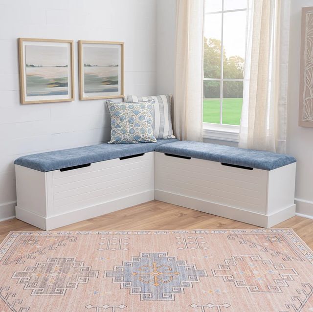 Linon Nancy Blue/White Backless Upholstered Nook-1