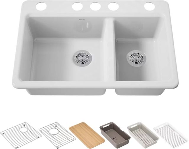KOHLER® Riverby® White 33" Undermount Double-Bowl Workstation Kitchen Sink with Accessories-0
