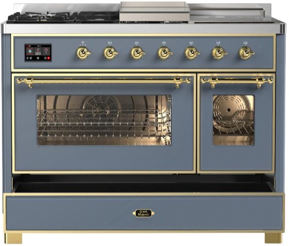 Ilve® Majestic III 48" Blue Gray Pro Style Dual Fuel Liquid Propane Range with 5 Black Brass Burners and Brass Trim-1