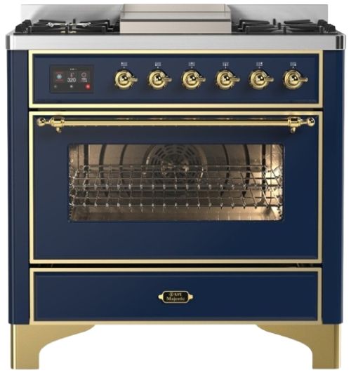 Ilve® Majestic III 36" Midnight Blue Pro Style Dual Fuel Natural Gas Range with 6 Black Brass Burners and Brass Trim-0