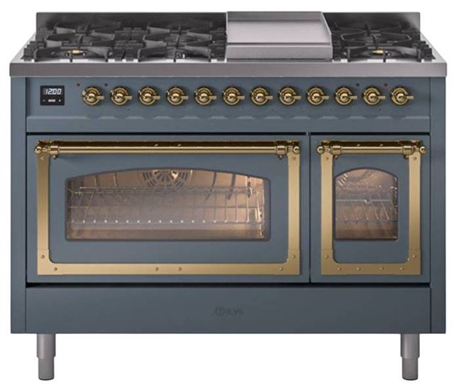 Ilve® Nostalgie II Noblesse 48'' Blue Gray Pro Style Dual Fuel Range with Brass Trim-0