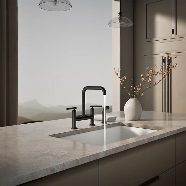 KOHLER® Purist® Matte Black 2-Hole Bridge Kitchen Sink Faucet with Side Sprayer-2