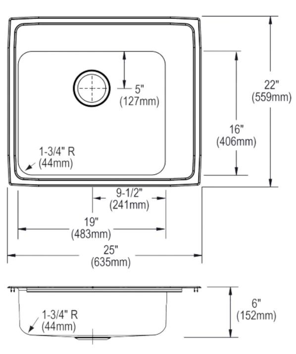 Elkay Lustertone® Classic Lustrous Satin Stainless Steel 25" x 22" x 6" Single Bowl Drop-in Classroom ADA Sink-1