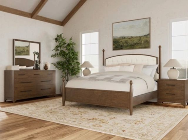 Riverside Furniture Calhoun Whiskey Oak Queen Upholstered Panel Bed-1