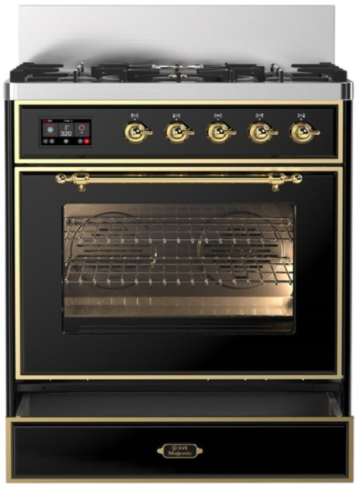 Ilve® Majestic III 30" Glossy Black Pro Style Dual Fuel Liquid Propane Range with Triple Glass Door and Brass Trim-1