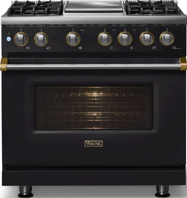 Viking® 5 Series 36" Onyx Pro Style Dual Fuel (LP) Range with Brushed Brass Trim-2