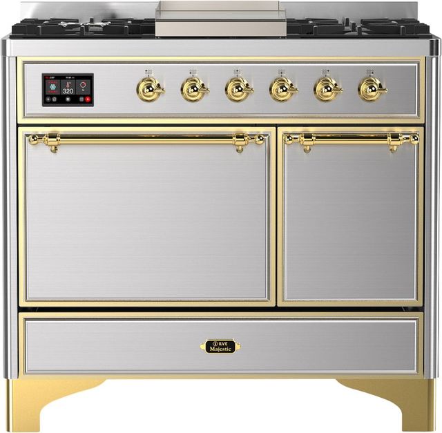 Ilve® Majestic III 40" Stainless Steel Pro Style Dual Fuel Natural Gas Range with Solid Door and Brass Trim-0