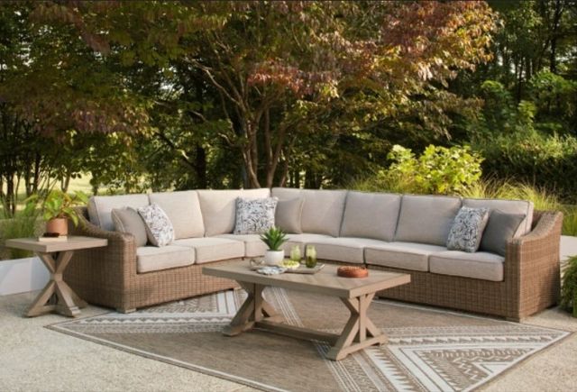 Signature Design by Ashley® Laguna Heights 4-Piece Beige/Brown Fabric/Wicker Rattan Outdoor Sectional-1