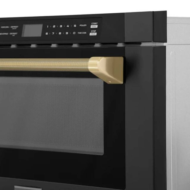 ZLINE Autograph Edition 30" 1.2 Cu. Ft. Black Stainless Steel Built-in Microwave Drawer with Champagne Bronze Helix Handle-4