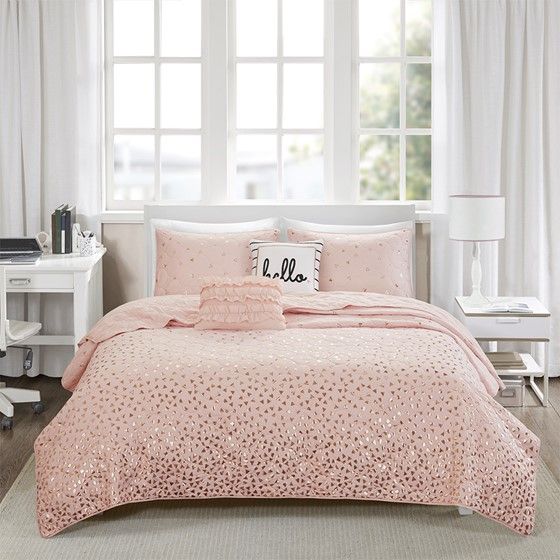 Olliix by Intelligent Design Zoey Blush and Rose Gold Twin/Twin Extra Large Metallic Printed Coverlet Set-1