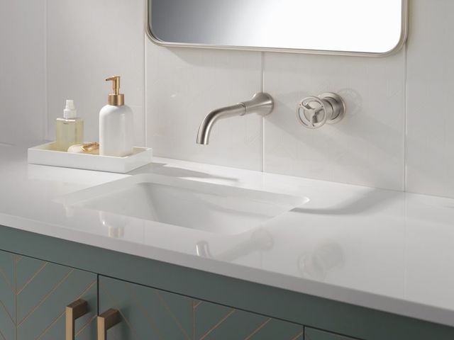 Delta Trinsic® Stainless Single Handle Wheel Wall Mount Bathroom Faucet Trim-2