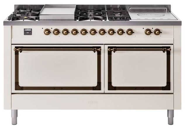 Ilve® Nostalgie II Noblesse 60'' Antique White Pro Style Dual Fuel Range with Burnished Trim-0