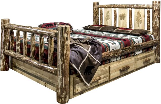 Montana Woodworks® Glacier Country Stain & Clear Lacquer King Storage Bed with Laser Engraved Pine Design-2