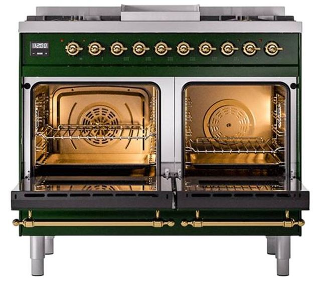 Ilve® Nostalgie II Noblesse 40'' Emerald Green Pro Style Dual Fuel Range with Brass Trim-2