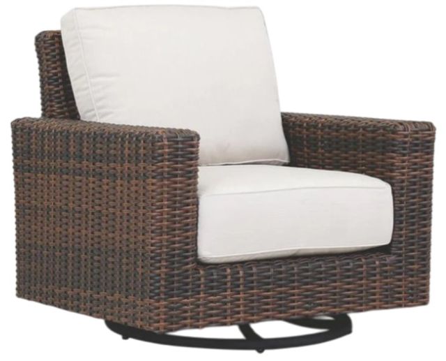 Sunset West Montecito Cognac Resin Wicker Outdoor Swivel Club Chair with Canvas Flax Cushion-0